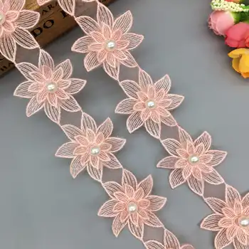 1 Kiemas Rožinė 3D Gėlių Pearl Puošnios Nėrinių Apdaila Siuvinėtos Aplikacijos, Nėrinių Juostelė Siuvimo Amato Vestuvių Suknelė Drabužių Dekoravimas