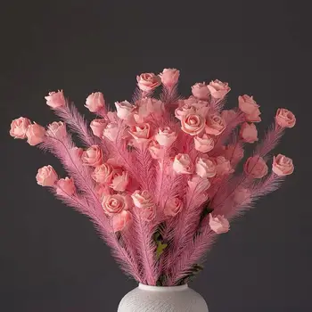 10vnt PE Rose Dirbtinių Gėlių, Plunksnų Žolės Puokštė 