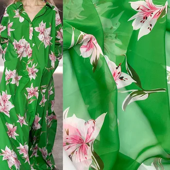 145cm Plotis Žalia Atgal Lily Gėlių Spausdinti Plonomis Šifono Audinio Moters Vasaros Suknelė, Palaidinė 