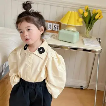 2022 m. Pavasarį Kūdikių Mergaičių Mados Kietas Medvilnės Palaidinės Sluoksniuotos Rankovėmis Vaikai Viršūnes korėjos Stiliaus Turn-žemyn Apykaklės Marškinėliai Vaikams Drabužių