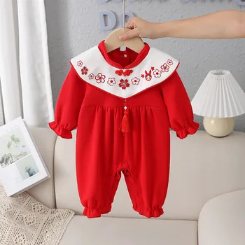 2022 m. Rudenį Naujų Kūdikis Bodysuit Kinija Raudona Kūdikių Romper Naujagimių pilnatis Romper baby girl drabužiai