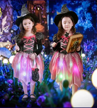 2023 Naujų Vaikai LED Šviesos Ragana Kostiumas Vaikų Mergaičių Cosplay Kostiumai Helovyno Karnavalas Šalies Fancy Dress Apdailos Puras