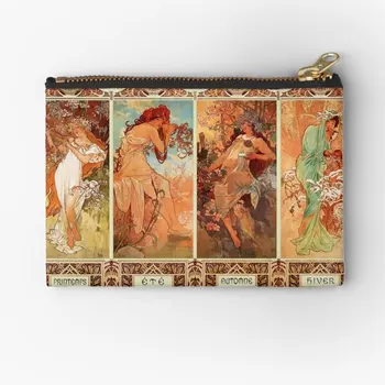 Alphonse Mucha Keturis Sezonus Art Nouveau Užtrauktukas Maišeliai Grynas Kosmetikos Krepšys Kelnaitės Klavišą Mažų Pinigų Kojinės Monetos Moterų Kišenėje