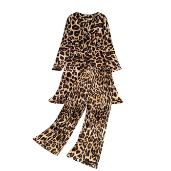 Aukštos Kokybės 2021 M. Rudenį Leopardas Spausdinti Moterų Dviejų dalių Retro V-kaklo Marškinėliai, Viršuje + Platus Kojų Kelnės Kostiumas Seksualus Prarasti Gatvės Kostiumas