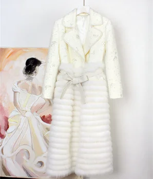 Blizgučiai Dizaino Vilnoniai Paltai Moterims Kratinys Nekilnojamojo Fox Fur Ilgai Kostiumo Švarkas Švarkas Rudens Žiemos Office Lady Outwear