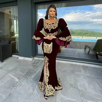 Bordo Marokas Caftan Vakaro Suknelės Nėriniai Appliques Undinė Prom Aksomo Suknelė Ilgomis Rankovėmis Oficialų Saudo Arabų Įžymybė Vestido
