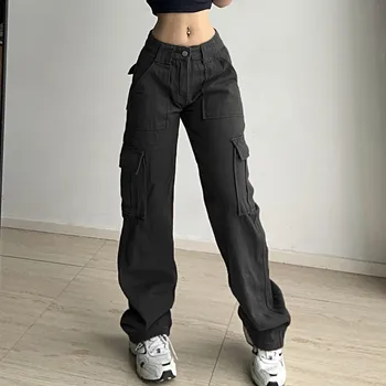 Derlius Krovinių Kelnės Kombinezonas Baggy Jeans Moterų Atsitiktinis Mados Y2k 90s Streetwear Didelis Kišenės Aukšto Juosmens Tiesiai Džinsinio audinio Kelnės