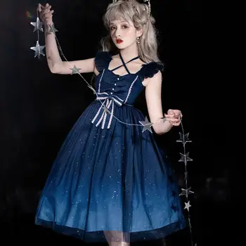 Gothic Lolita Jsk Suknelė Vasaros Jūros Žvaigždžių Lolita Viktorijos Princesė Dress Blue Žvaigždėtą Elegantiška Suknelė be Rankovių Suknelės, Šaliai