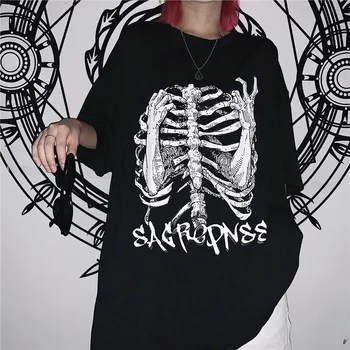 Grunge T-shirt Mados Streetwear Y2k Estetinės Blackpullover Kaukolė Spausdinti Gothc Moterų Harajuku Prarasti Y2k Viršuje Goth Vintag Viršūnės