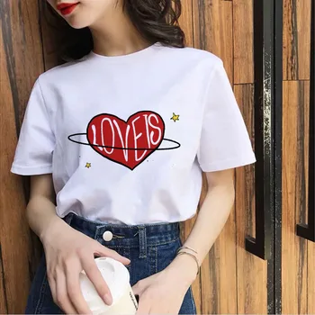 Harajuku Trumpas Rankovės O-kaklo Atsitiktinis Hipster marškinėliai Lady Naujas Vasaros moterų marškinėliai Širdies formos LOVEIS Spausdinti Marškinėlius