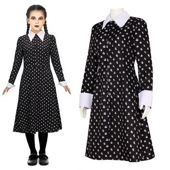 Helovinas Vaikams, Trečiadienis Cosplay Kostiumas Moterims Mergina Addams Cosplay Aprangos Komplektus Vintage Black, Gothic Spausdinimo Drabužiai