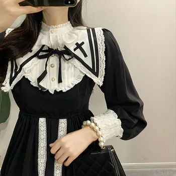 Korėjos Juoda Japonijos Viktorijos Gothic Lolita Moterų Senovinių Pasakų Linijos Sailor Apykakle Ilgomis Rankovėmis Juoda Ir Balta Kratinys