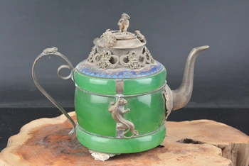 Labai reti Čing Dinastija sidabro ir(Žalia)Jade arbatinukas,Inkrustacijos dragon & beždžionių modelio