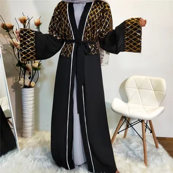 Mados Abaja Moterų Atidaryti Kimono Megztinis Turkija Prarasti Musulmonų Apdaras Arabija Hijab Suknelės Islamas Femme Blizgučiais Šifono Kaftans