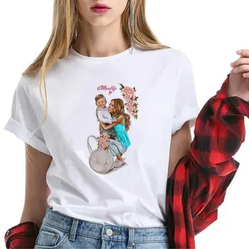 Mon Vaikai Atspausdinta Tee Moterims Viršuje Anti-deformuoti Išskirtinį Poliesterio Apvadu Moterys T-shirt Kasdien