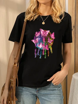 Moterų Drugelis Dreamcatcher Grafinis Vasaros Tshirts Ponios Harajuku Drabužius T-Shirt Juokinga Įgulos Kaklo trumpomis Rankovėmis Viršūnes Tee