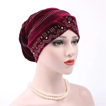 Naujas Musulmonų Hijabs Aksomo, kalnų krištolas smeigės Galvos Dangtelis Kryžiaus turbaną Krovimas Beanie skrybėlių Ponios Plaukų Aksesuarų, Kietas Minkštas Vidinis skrybėlę