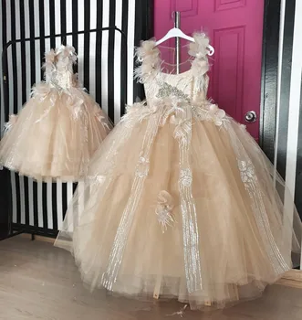 Naujas Šampanas Tiulio Rankų Darbo Gėlių Mergaičių Suknelės Inscenizacija Suknelė Vien Kaklo Kamuolys Suknelė Vaikų Elegantiška Prom Šalis Suknelė