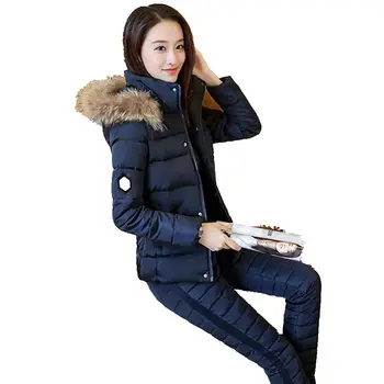 Naujas žieminis paltas ponios mados atsitiktinis vientisos spalvos su gobtuvu šiltas žemyn kamšalu kostiumas (striukė + kelnės, kostiumai) žiemos kostiumas