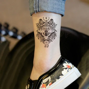 Netikras, tatuiruotė wolf moon mandala plunksnų gėlių dreamcatcher totem rankos tatuiruotė lipdukas didelis juodas tatto kūno menas moterims mergina vyrai