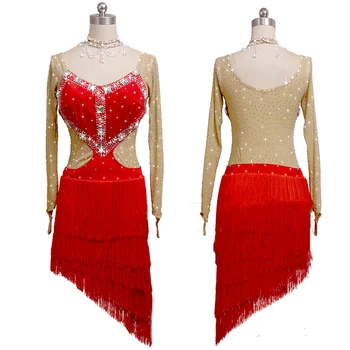 Raudona Lotynų Šokių Konkurencijos Suknelė Moterims Suaugusiųjų Profesinės Pakraštyje, Sijonai, Seksualus Plyšio Samba, Cha Cha Kostiumas Praktikos Drabužiai