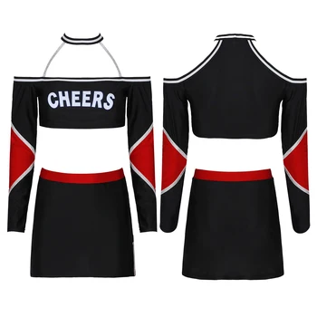 #S-XXL Moterims Cheerleaders Kostiumas Letter Spausdinimo Apynasrio Kaklo, ilgomis Rankovėmis Pasėlių Viršuje su Split Mini Sijonas Etapo Rezultatus Kostiumas