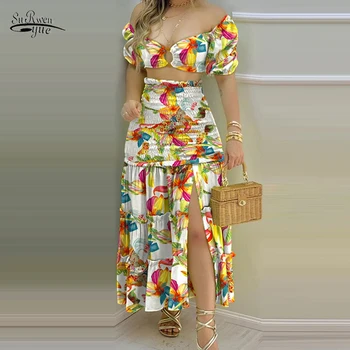 Seksualus Dviejų dalių Komplektas Suknelė Bohemijos Velniop Kaklo trumpomis Rankovėmis Suknelė Moterims 2022 Vasaros Mados Naujų Gėlių Suknelė Vestidos 20918