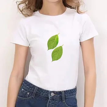 Tik 2021 Lapų Spausdinta trumpomis Rankovėmis T-Shirt vatos Pagaliukai Negabaritinių Balti marškinėliai-O-KAKLO T-shirt Naujo Stiliaus Balta Tees Moteris