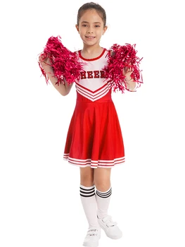 Vaikų Mergaičių Cheerleaders Drabužių Nustatyti Rankovių apvalia Iškirpte, Letter Spausdinimo Kratinys Stilių Šokių Suknelė su Gėlių Ir Kojinės