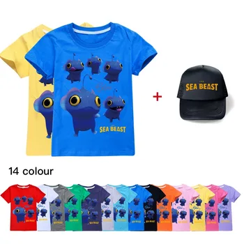 Vasarą jūros žvėris, T-marškinėliai berniukams, medvilnės trumparankoviai atsitiktinis marškinėliai vaikų drabužiai animacinių filmų spausdinimo merginos O-kaklo viršuje + hat