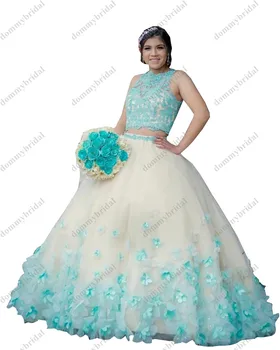 Vestido De Anos 16 XV Aqua Blue Gėlių Žiedai Nuogas Kamuolys Suknelė Quinceanera Prom Oficialią Suknelės yra 15 Metų, Dviejų dalių