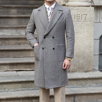 Vyriški Polo Kailis Tvido Vilnos Dvigubo Breasted Slim Fit italijos Elegantiškas, Stilingas Žiemos Ilgas Švarkas