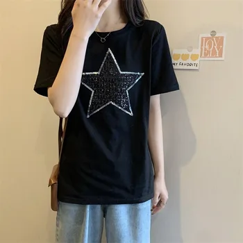 YINGDINGST Trumpas Rankovės Marškinėliai Moterims Harajuku Star Modelis Atsitiktinis Moterų Tees Streetwear O-Kaklo Geometrinis Moterų Top Marškinėliai