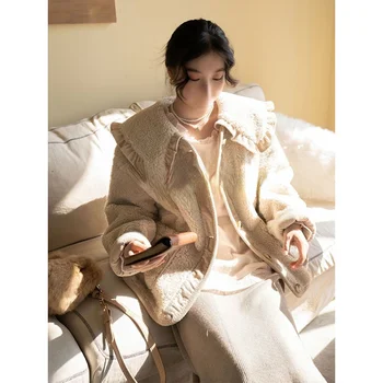 Ėriukų Vilnos Derliaus Kontrasto Spalvų Lėlės Apykaklės Gauruotas Kailis Rudens Žiemos 2022 Modelis, Japonijos, Korėjos Sistemos Lady Viršuje Moterų Striukė