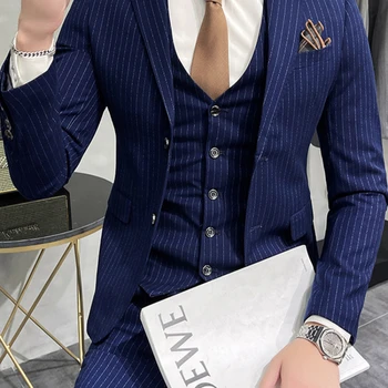 ( Švarkas + Liemenė + Kelnės ) High-end Prekės Boutique Mados Dryžuotas Vyrų Verslo Kostiumas 3piece Kostiumas Vyrams Vestuvių Kostiumai Šalis Parodyti
